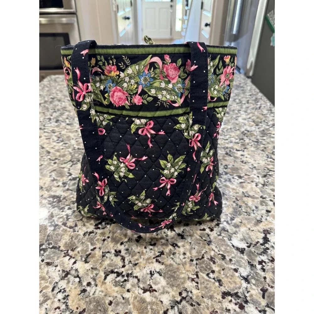 Vera Bradley Mayfair Floral Quilted Cotton Tote Bag Black Pink Green Made in USA